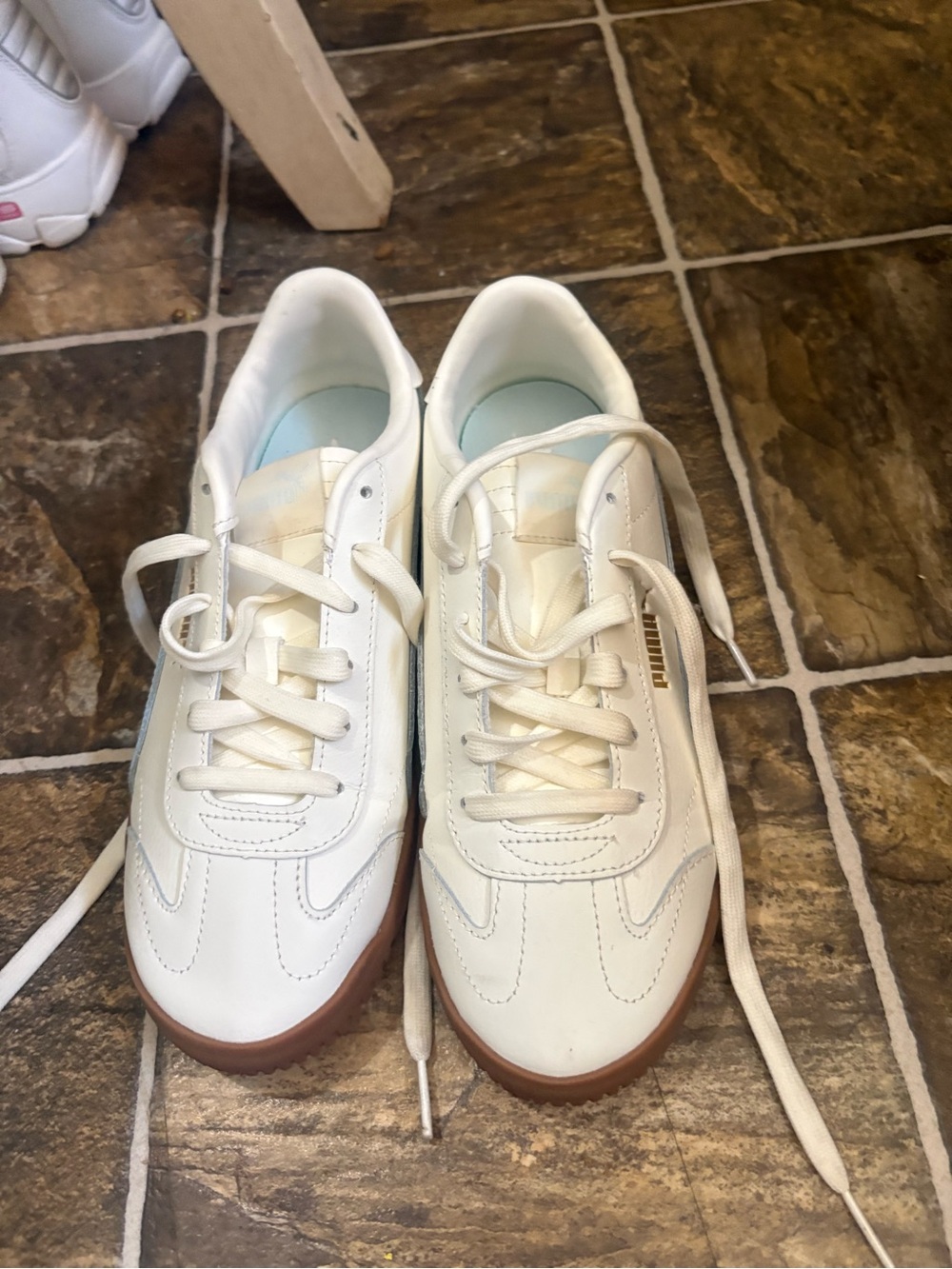 Puma White Leather Sneakers with Brown Gum Soles